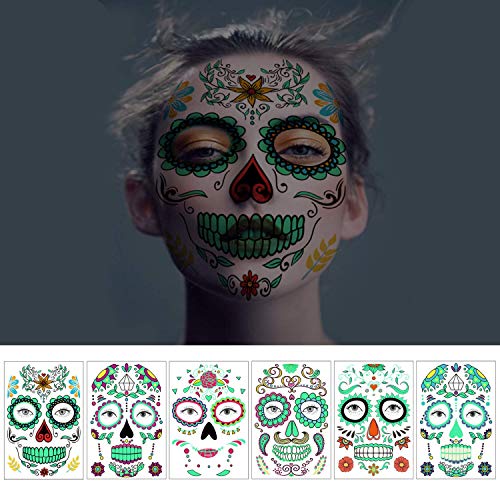 Glow in the Dark Temporary Face Tattoos, 6 Sheets Sugar Skull