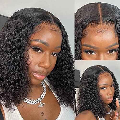 13x6 Curly Bob Wig Human Hair Deep Curly Wave Lace Front Human Hair Wigs for Black Women Brazilian Curly Wig Short Bob Lace Frontal Wigs Pre Plucked with Baby Hair Natural Hairline 180% Density