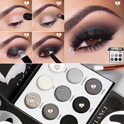 ecofavor Black Smoky Eye shadow Palette, DE¡¯LANCI PANDA 9 Colors True Black Dark Grey Smokey Goth Makeup Pallet, 9 Soft Matte Shimmer High Pigmented Basic Black White Gray Shade for Halloween