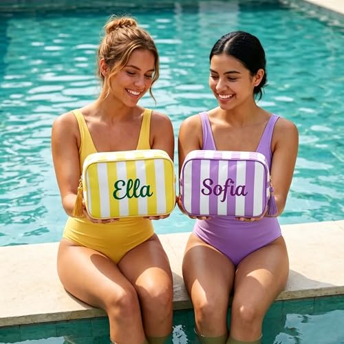 Personalized Embroidered Striped Cosmetic Bag with Name - Waterproof Travel Makeup Case