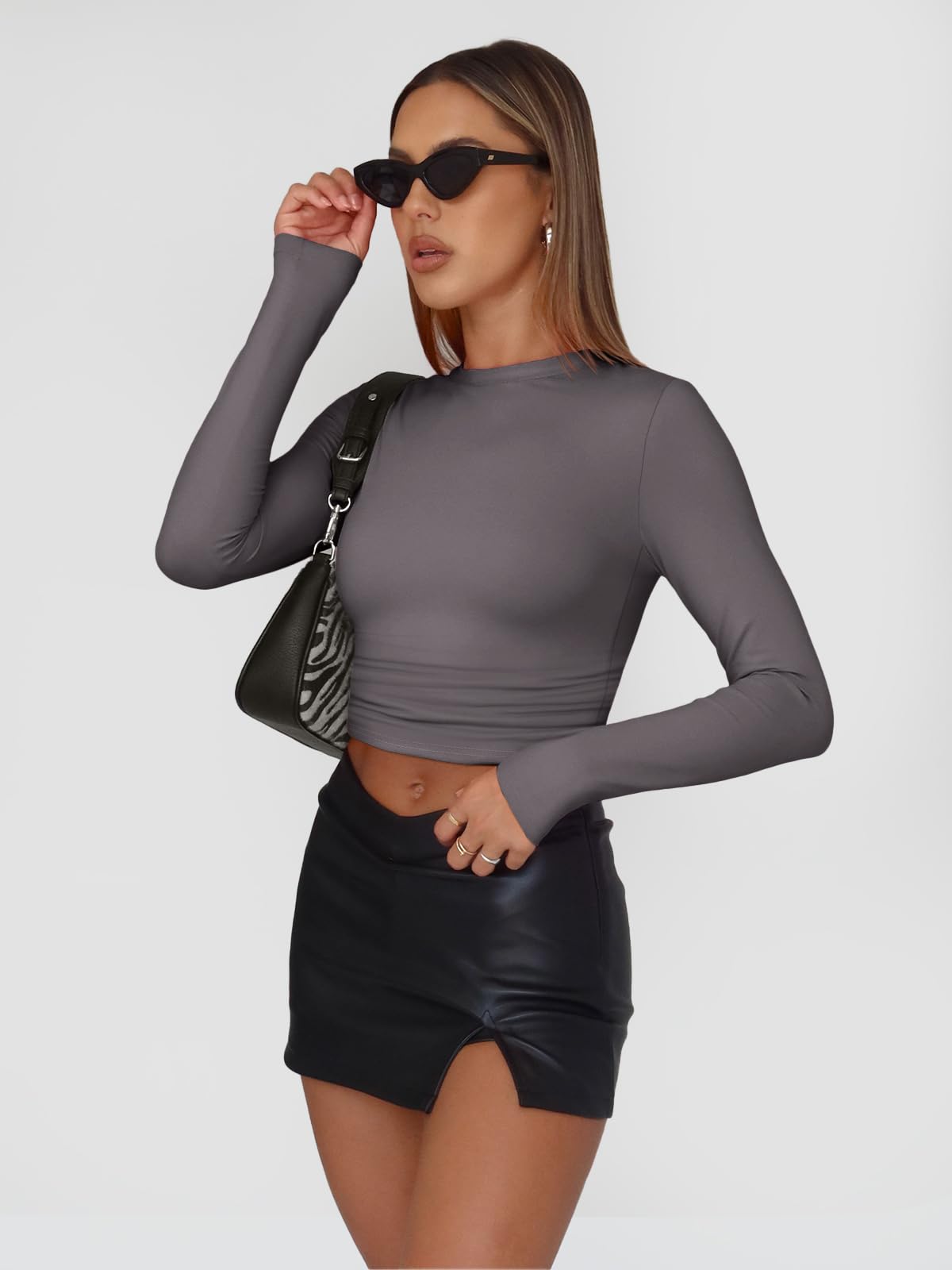 Trendy Queen Womens Long Sleeve Shirts Basic Spring Crop Tops Tees Tight Slim Fit Cute Going Out Outfits Teen Girls Fall Winter Y2k Clothes 2024 Light Gray XS