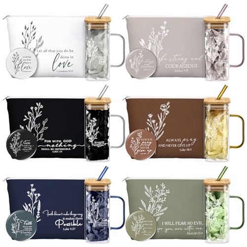 Fumete 6 Sets Christian Appreciation Gift for Women Bible Verse Flower Makeup Bag Easter Religious Coffee Cup with Handle Bamboo Lid Straw Mini Compact Mirrors for Mothers Day Church Sunday School