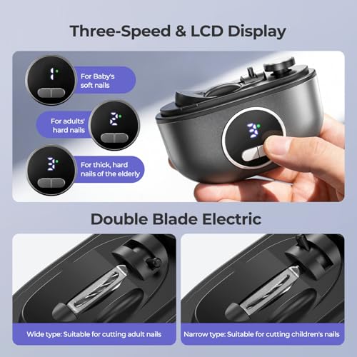 Electric Nail Clipper, 2-in-1 Improved Nail Clippers Set with LED Light & USB Rechargeable, 3 Speed Quiet & Nail Clip Storage for Baby Adults Seniors Thick Nails ?Includes Oblique Nail Clippers (Grey)