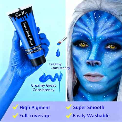Go Ho Royal Blue Face Body Paint Washable(2.37oz/pc),Water Based Cream Blue Face Paint,Smurf Mystique Avatar Clown Makeup,Blue Body Paint for SFX Cosplay Costumes Festivals Halloween Makeup