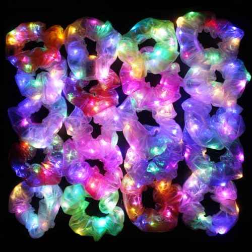 20PCS LED Scrunchies, Light up Women Girls Luminous Hair Strands, Colorful Meteor Yarn Hair Bands with 3 Light Modes, Glow in The Dark for Christmas Carnival Party Supplies
