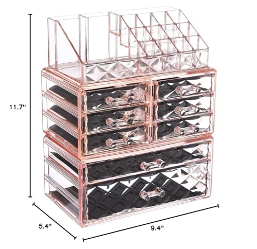 ZHIAI Makeup Organizer Acrylic Cosmetic Storage Drawers and Jewelry Display Box Transparent (Style C(Pink Diamond): 1 Top, 6 Small, 1 Large, 1 XLarge Drawers)