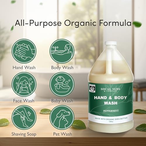 SoCal Suds & Company 128oz Certified Organic Hand & Body Wash w/Shea Butter- Gentle Natural Body,Baby & Face Wash for Sensitive Skin, Moisturizing Thick Castile Soap, Hand Soap and More - Peppermint