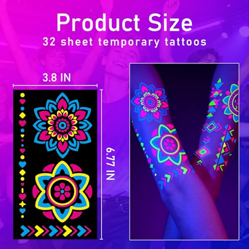Glow in the Dark Party Supplies Temporary Tattoos 192+ PCS, Neon UV Blacklight Reactive Face Tattoos for for Party Supplies, Fluorescent Henna Flower Temporary Tattoos for Adults, Teens
