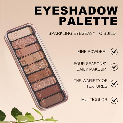 9 Colors Eyeshadow Palette Natural Nude Matte Shimmer Glitter Eye Shadow Pallete, High Pigment, Blendable, Long-Lasting Natural to Glam Smokey Eye Looks