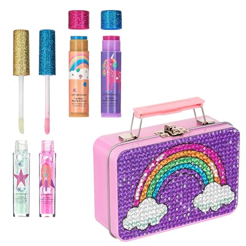 Kids Lip Gloss & Balm Kit with Rainbow Rhinestone Tin Case