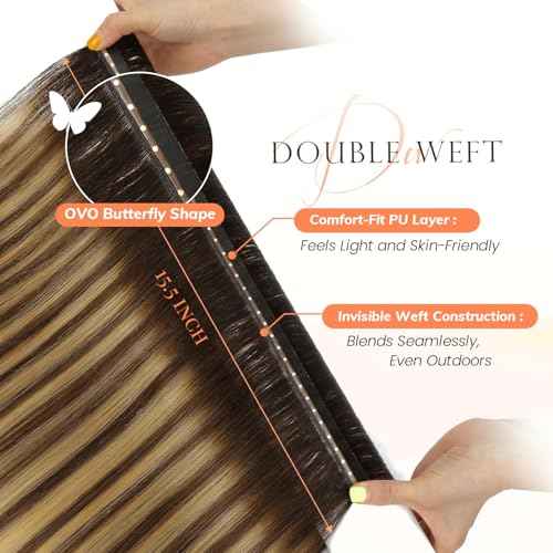 OVO Butterfly Weft Hair Extensions Human Hair Ombre Brown Highlight Dual-Sided Seamless Invisible Weave,Beaded Flat Weft Extensions, Soft & Natural Real Human Hair Extensions