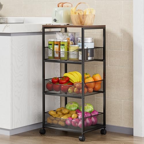 HapiRm 4-Tier Rolling Kitchen Cart with Wood Top & Wheels