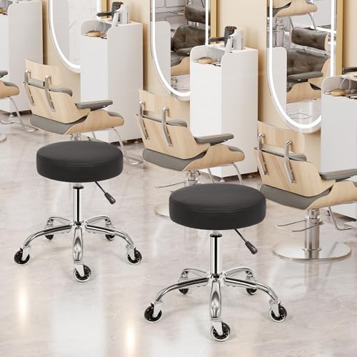ANWBROAD Rolling Stool with Wheels - Adjustable Height, PU Leather