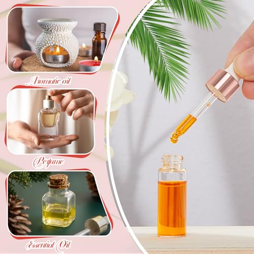 100 Pcs Mini Glass Oil Dropper Bottle Bulk, Clear Essential Small Empty Bottles Sample Containers Perfume Liquid Vials with Cap for Traveling (5 ml,Rose Gold)