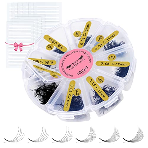 PRO LASHBEAUTY 1200 Fans Premade Volume Lash Extension Mixed Tray 5D-14D Handmade Lashes Bulk Soft Pointed Fans Black Nylon False Eyelashes