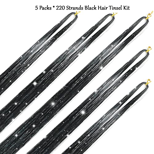 Black Hair Tinsel Kit with Tool Fairy Hair Tinsel Heat Resistant Tinsel Hair Extensions 48 Inch 1200 Strands Sparkling Shiny Glitter Hair Extensions for Women Girls Kids (Black)