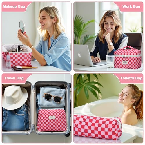 Quilted Makeup Bag Set - 3 PCS Cute Floral Cotton Makeup Bag, Large Coquette Aesthetic Make up Cosmetic Bag, Flower Travel Toiletry Organizer Bags for Women Girls