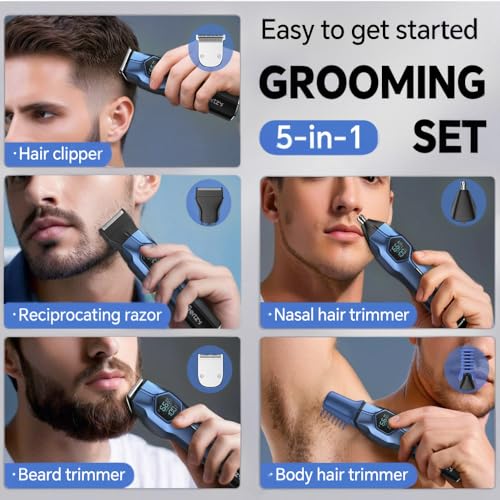 5-in-1 Electric Beard Trimmer Magnetic Replacement Heads, Professional Cordless Hair Clippers for Men Rechargeable, IPX7 Waterproof Grooming Kit for Face, Mustache, Body, Nose, Gifts for Men (Blue)