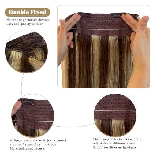 Invisible Halos Human Hair Extensions Ombre Fishing Line Hair Extensions with Adjustable Clips Light Brown to Blonde 613 Human Hair Extensions for Wedding Hairstyle 20in 100g