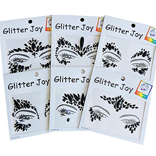 Face Gems Tattoo, Festival Face Jewels Tattoo Stickers,Face Gems Stick on Face, Body Gem Temporary Face Tattoos for Women, 6-Pack,Black
