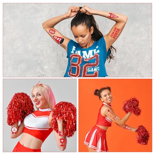Red Team Spirit Temporary Tattoos - Gameza 138PCS Red Spirit Party Favors Decorations Supplies Glitter Team Spirit Tattoo Stickers for Cheerleading Teams Sports Games Classroom Spirit Week Rewards
