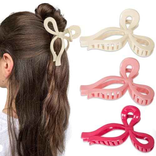 Butterfly Hair Clips and Bows Set - 3Pcs 5 Inch Trendy Claw Clips for Thick Hair, Pink Ribbon Clips, Coquette Hair Accessories