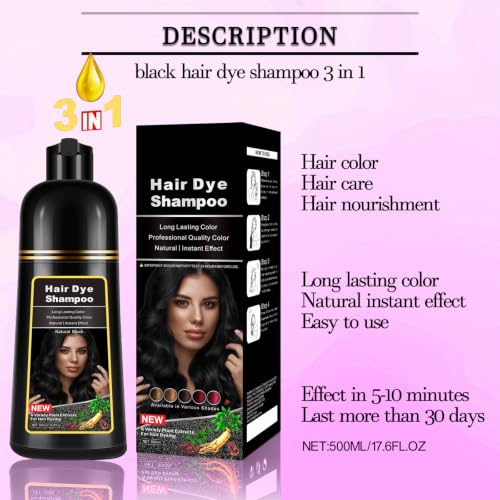 Dark Black Hair Dye Shampoo - 3 in 1 Gray Coverage for Men & Women