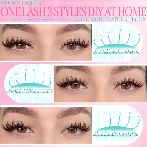 Brown Lash Clusters Manga Wispy Natural Cluster Eyelash Extensions 180pcs Bunny Anime Spike Eyelashes Cluster 8mm Bottom Lashes Individual Fake Eyelash C Curl 8-16mm DIY at Home (Spark Brown)