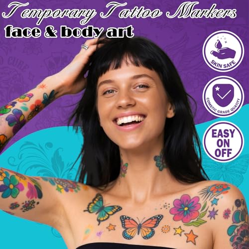 Ponhey Temporary Tattoo Markers for Skin, 24 Body Markers+67 Large Tattoo Stencils,Dual-End Tattoo Pens,Fine Lines with Cosmetic-Grade,Flexible, Skin-Safe Face Paint Kit for Teenage Adults