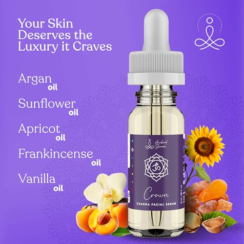 Crown Chakra Facial Serum Essential Oils Blend, Natural & Organic Moisturizing Serum for Face with Sunflower, Argan, Apricot, Frankincense, Vanilla Oils for Spiritual Journey, Peace, Deeper Connection