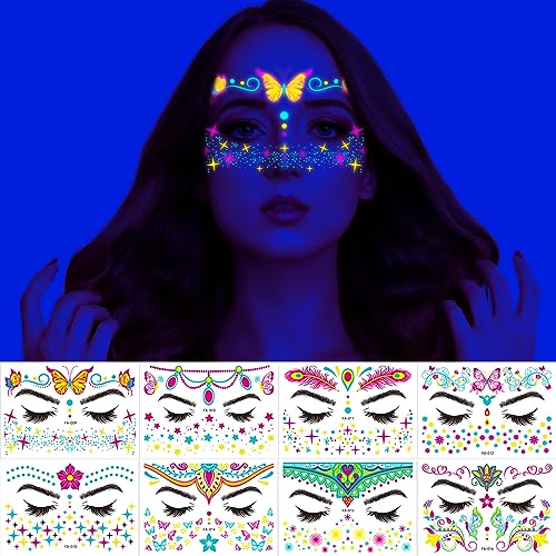Glow in The Dark UV Temporary Tattoos, 8 Sheet Neon Face Stickers