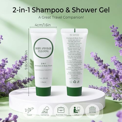 Travel Size 2-in-1 Shampoo and Body Wash Bulk, Individually Wrapped Trial Mini Shampoo and Shower Gel, Small Men Women Cleansing Toiletries Amenities for Hotel/ Vacation/ Homeless 1 oz (Pack of 60)
