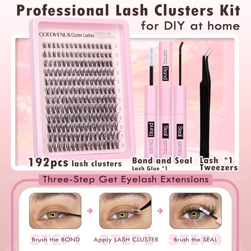 Goddvenus G-Wispy Natural Clusters Lash Extension Kit - Waterproof 192pcs DIY Eyelash Clusters with Glue & Tweezers