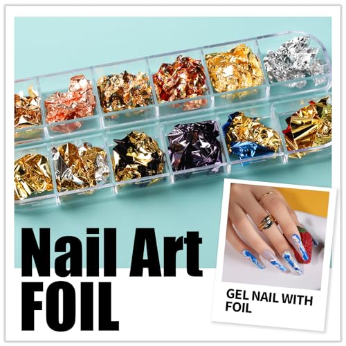 Teenitor Nail Art Brush Set with Stickers, Gems & Foils – 15 Brushes, 12 Glitter Pots