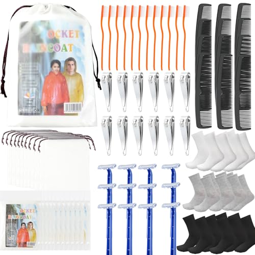 84 Pcs Homeless Care Package Supplies Bulk Hygiene Kits with Nail Clipper, Prepasted Disposable Toothbrushes, Razors, Ponchos, Combs, Socks & Drawstring Bags ? Ideal Charity or Personal Travel Package