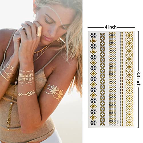 Gold Metallic Temporary Tattoos - 8 Sheets, 100+ Designs