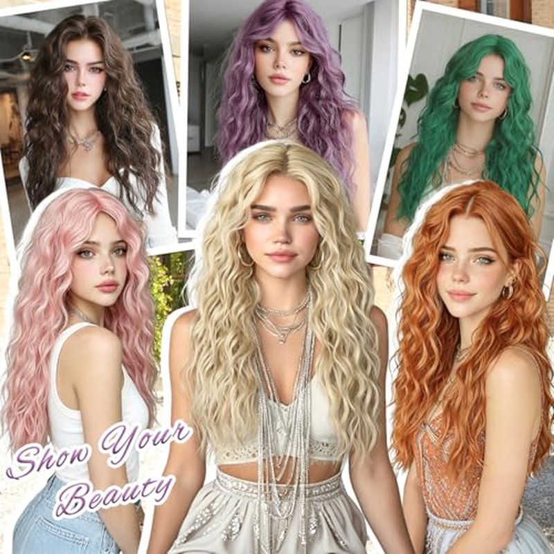 Haloo 26-Inch Pink Wig with Curtain Bangs - Wavy Curly Synthetic Hair