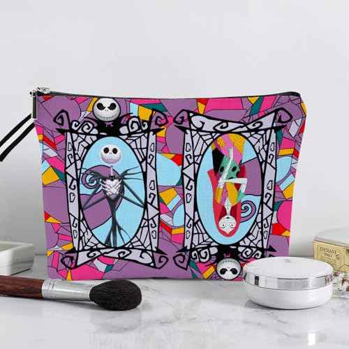 Portable Jack & Sally Themed Makeup Bag, Before Xmas Nightmare Cosmetic Bag, Jack Skellington & Sally Portable Travel Cosmetic Organizer- Cotton & Linen, Water-Resistant, 9.8x7 Inches