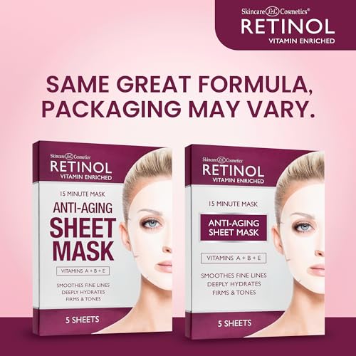 Retinol Anti-Aging Sheet Mask – Hydrating Vitamin-Enriched 15 Minute Treatment With Collagen Firms Face – Exfoliates for Improvement In Tone & Minimizes Fine Lines & Wrinkles For Noticeable Difference