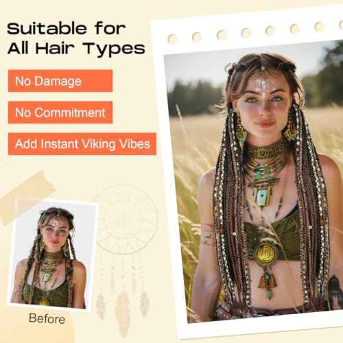 SEIKEA 2PCS Boho Braided Ponytail Extension with Hair Tie, 24" Long Viking Dreadlock Beads Ponytail Hand-braided Braids Hair Extensions Lightweight Natural Synthetic Hairpiece for Festival Cosplay