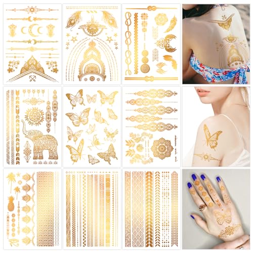 Konsait 9 Sheets Gold Metallic Temporary Tattoos for Women