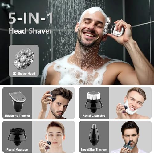 9D Bald Head Shaver for Bald Men, 5-in-1 Electric Razor for Men, Cordless Rechargeable & Waterproof Head Shaver for Wet/Dry Shave with Nose Hair Trimmer, Massager, LED Display