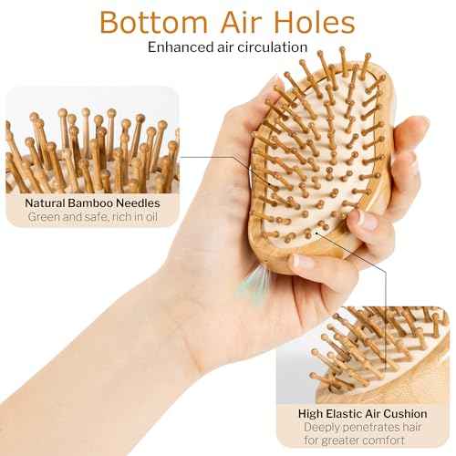 Bamboo Hair Brush for Hair Growth, Natural Bamboo Bristles Detangling Brush for Massaging Scalp, Small Wooden Hair Brush for Women Men and Kids (No Handle)