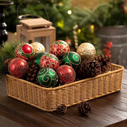 Valery Madelyn Christmas Tree Decorations Set, 9ct Red Green and Gold Shatterproof Christmas Ball Ornaments Bulk, 2.76 Inches Traditional Country Hanging Ornaments for Christmas Trees Xmas Decor