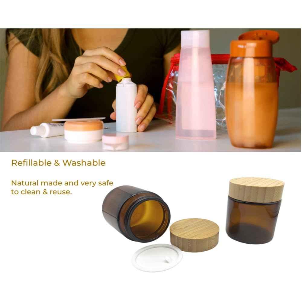 BEECO GIF2U Empty Refillable Brown Glass Cosmetic Cream Jar 4 Pack 3.3 OZ/100g with Bamboo Lids,Skin Care Travel Containers Pot for Clay Masks,Butter,Body Scrub,Lip Balm, Ointments, Lotion