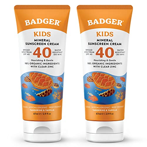 Badger Kids Mineral Sunscreen Cream SPF 40, 98% Organic Ingredients, Zinc Oxide Sunscreen for Kids Face & Body, Water Resistant, Reef Friendly, Hawaii Approved Sunblock, 2.9 fl oz, 2-Pack