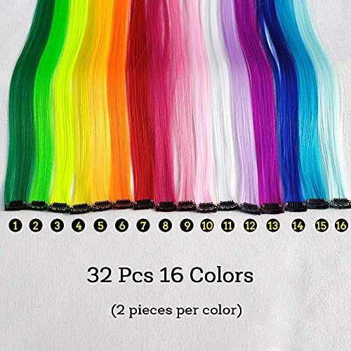 KGBFASS 32Packs Colored Hair Extensions 20Inch Straight Color Clip in on Hair Extension Rainbow Party Highlights Synthetic Hairpiece for Girls (16 colors)