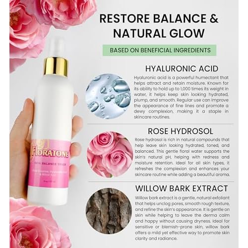 Floratone Skin Balance Facial Toner - with Rose Essence, Hyaluronic Acid & Willow Bark - Facial Mist for Sensitive Skin