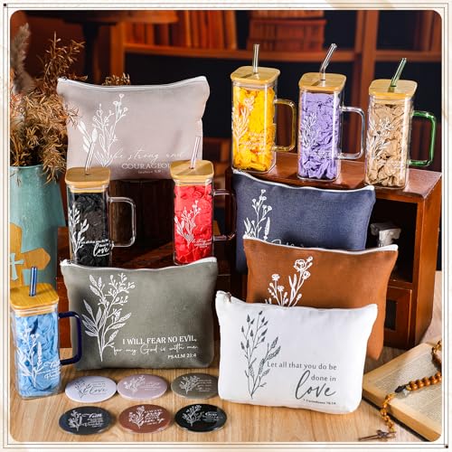 Fumete 6 Sets Christian Appreciation Gift for Women Bible Verse Flower Makeup Bag Easter Religious Coffee Cup with Handle Bamboo Lid Straw Mini Compact Mirrors for Mothers Day Church Sunday School