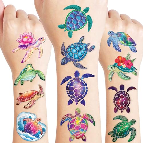 96 PCS Turtle Pre-Cut Temporary Tattoos for Kids | Super Cute First Themed Birthday Party Favors, Supplies, Decorations, Cute Ocean Animal Tattoo Stickers (multiple)